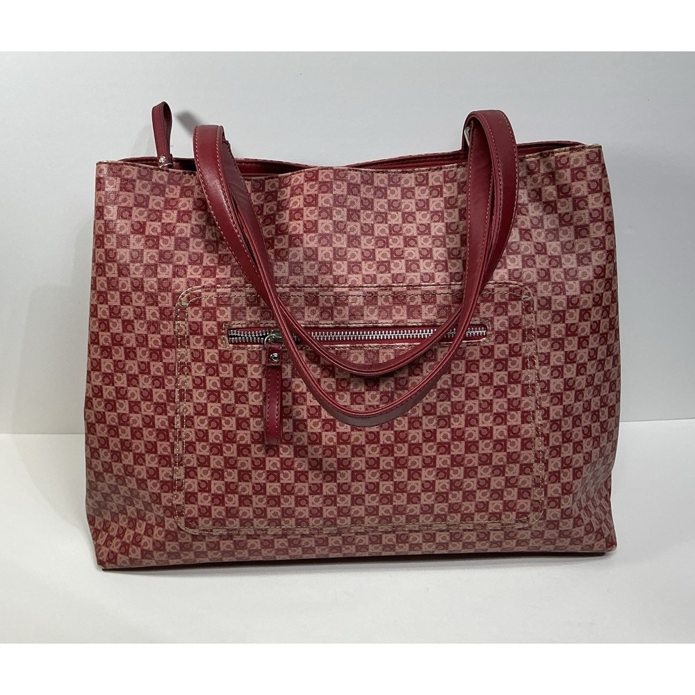 Liz Claiborne Faux Leather Large Tote Shoulder 2 Handles Handbag Red Zip Pockets